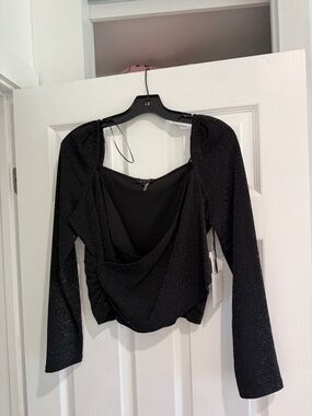 Black Sparkle Draped Long-Sleeve Top by L'AGENCE